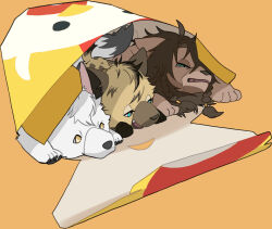  animal animalization blue_eyes commentary cramped full_body green_eyes highres hyena jack_howl leona_kingscholar lion looking_at_another no_humans orange_background raccoonlot ruggie_bucchi simple_background twisted_wonderland wolf yellow_eyes 