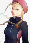  1girl ahoge beret blonde_hair blue_eyes braid breasts cammy_white hat highres huge_ahoge large_breasts levvellevvel long_hair long_sleeves looking_at_viewer official_alternate_costume parted_lips red_headwear scar scar_on_cheek scar_on_face street_fighter street_fighter_league street_fighter_v twin_braids 