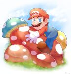  1boy blue_eyes blue_overalls boots brown_footwear co_co_mg facial_hair gloves grass hat mario mushroom mustache overalls red_headwear red_shirt shirt super_mario_bros. the_super_mario_bros._movie white_gloves 
