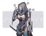  1girl 47_lall ? android animal_on_hand animal_on_shoulder apex_legends ash_(titanfall_2) black_sclera blue_leotard colored_sclera hood hood_up hooded_leotard korean_commentary leotard metal_skin mouse paw_print solo spoken_question_mark yellow_eyes 
