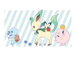  apple berry_(pokemon) bottle closed_eyes closed_mouth durin_berry food fruit full_body highres holding honey jigglypuff kuu02h leafeon milk_bottle moomoo_milk no_humans open_mouth oran_berry pichu pokemon pokemon_(creature) smile squirtle walking 