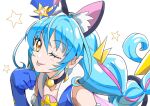 1girl ;p absurdres animal_ears bell blue_gloves blue_hair blush braid cat_ears cure_cosmo gloves hat highres long_hair magical_girl mini_hat mini_top_hat neck_bell one_eye_closed pointy_ears precure smile solo star_twinkle_precure tongue tongue_out top_hat tsukikage_oyama twin_braids yellow_eyes yuni_(precure)