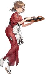  1girl akasaka_yuzu apron asahi_(kancolle) asahi_(saury_festival)_(kancolle) bowl braid brown_hair burnt_clothes checkered_clothes checkered_kimono food full_body gloves grey_eyes hair_ribbon japanese_clothes kantai_collection kimono looking_at_viewer mole mole_under_mouth official_alternate_costume official_art red_kimono ribbon sandals short_hair side_braid single_glove socks solo standing stove tabi transparent_background tray white_apron white_ribbon white_socks wrench 