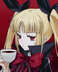  1girl absurdres bangs bbhdrrr black_capelet black_ribbon blazblue blonde_hair bow bowtie capelet closed_mouth cross cup frilled_sleeves frills hair_ribbon highres holding holding_cup long_hair long_sleeves looking_at_viewer parted_bangs popped_collar profile rachel_alucard red_background red_bow red_bowtie red_eyes ribbon simple_background skirt slit_pupils solo teacup thick_eyelashes twintails upper_body very_long_hair wide_sleeves 