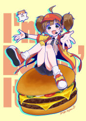  >_< 1girl :d absurdres ahoge back_bow badge bandaid bandaid_on_knee bandaid_on_leg blue_shorts blue_wristband blush bow breasts brown_hair burger button_badge double_cheese_(mcdonald's) english_text food full_body hamster hat headset highres looking_at_viewer loose_socks m-shiganai mcdonald's microphone necktie open_mouth red_hat shirt shoes short_hair short_sleeves shorts sitting smile sneakers socks solo striped_clothes striped_shirt twintails twitter_username visor_cap white_socks yellow_background yellow_happi 
