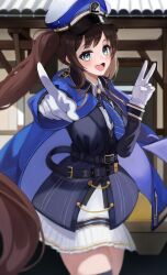  1girl :d absurdres belt black_belt black_coat blue_eyes blue_hat blue_necktie brown_hair building chadol_(okt8538) character_request coat collared_shirt commentary_request copyright_request cosplay diesel_(nikke) diesel_(nikke)_(cosplay) gloves goddess_of_victory:_nikke hat highres index_finger_raised korean_commentary long_hair long_sleeves multiple_belts necktie open_mouth original peaked_cap shirt skirt smile solo standing teeth thighs tongue twintails two-tone_hat upper_teeth_only v white_gloves white_hat white_shirt white_skirt 