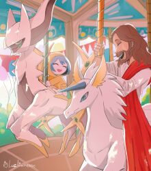  1boy 1girl :d arceus artist_name balloon beard blue_eyes blue_hair brown_hair bunting cane carousel closed_eyes commentary crystal_beast_sapphire_pegasus english_commentary eyelashes facial_hair facing_another foliage green_eyes green_footwear happy highres holding holding_cane hood hood_up jesus jubilee_2025 laughing luce_(jubilee_2025) luzli_moon medium_hair mustache parted_bangs pokemon red_robe red_sash riding robe sash short_hair signature smile swept_bangs teeth the_bible unicorn upper_teeth_only wavy_hair white_horse white_robe yellow_raincoat yu-gi-oh! 