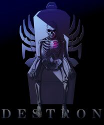 1girl black_background commentary destron_leader eidenjyou1997 emblem english_commentary fangs genderswap genderswap_(mtf) glowing glowing_organ heart_(organ) highres kamen_rider kamen_rider_v3_(series) simple_background sitting sitting_on_throne skeleton skull solo spine throne undead