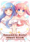  2girls back-to-back blue_dress blue_eyes blue_hair comiket_93 cover dress ensemble_girls! fanbook hair_ornament hamori_tsubasa haru_ichigo headset highres kanon_kotori long_hair looking_at_viewer multicolored_clothes multicolored_dress multiple_girls musical_note musical_note_hair_ornament off-shoulder_dress off_shoulder pink_dress pink_hair star_(symbol) twintails white_dress wing_hair_ornament 