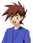  1boy :d absurdres bangs black_eyes brown_hair commentary_request gary_oak highres looking_at_viewer male_focus open_mouth pokemon pokemon_(anime) pokemon_(classic_anime) purple_shirt shirt short_hair simple_background smile solo spiky_hair upper_body wanichi white_background 