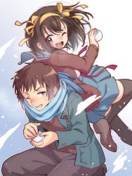  1boy 1girl ;d absurdres blazer blue_sailor_collar blue_scarf blue_skirt blush breast_pocket brown_cardigan brown_eyes brown_footwear brown_hair brown_pants brown_sweater_vest cardigan collared_shirt commentary_request green_jacket hair_ribbon hairband highres holding holding_snowball jacket kita_high_school_uniform kyon loafers long_sleeves looking_at_viewer medium_hair necktie one_eye_closed open_cardigan open_clothes open_jacket open_mouth pants pleated_skirt pocket red_necktie red_ribbon ribbon sailor_collar scarf school_emblem school_uniform serafuku shirt shoes short_hair skirt smile snowball suzumiya_haruhi suzumiya_haruhi_no_yuuutsu sweater_vest taiki_(6240taiki) teeth tongue upper_teeth_only white_shirt winter_uniform yellow_hairband yellow_ribbon 