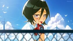  1girl absurdres bird black_hair bleach blue_sky bow chain-link_fence clouds collared_shirt day eyelid_pull fence fingerless_gloves gloves hair_between_eyes highres kuchiki_rukia looking_at_viewer outdoors red_bow red_gloves school_uniform shirt short_hair simple_bird sky solo tongue tongue_out twitter_username violet_eyes waligner white_shirt 