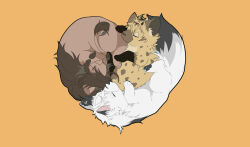  absurdres animal animal_focus animalization closed_eyes commentary curled_up full_body heart highres hyena jack_howl leona_kingscholar lion lying no_humans on_side orange_background raccoonlot ruggie_bucchi simple_background sleeping twisted_wonderland wolf 