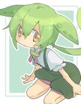  1girl bangs closed_mouth commentary_request expressionless flat_chest frilled_sleeves frills full_body green_hair green_shorts green_suspenders hair_between_eyes leaning_forward long_hair looking_at_viewer nahori_(hotbeans) outline personification seiza shirt short_sleeves shorts sitting solo voicevox white_outline white_shirt yellow_eyes zundamon 