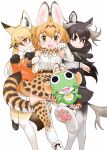 1boy 3girls absurdres animal_ears bow bowtie extra_ears ezo_red_fox_(kemono_friends) frog hat highres kemono_friends keroro keroro_gunsou looking_at_viewer moose_(kemono_friends) multiple_girls official_art serval_(kemono_friends) simple_background star_(symbol) tail yoshizaki_mine