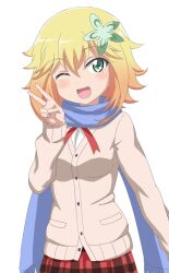  1girl blonde_hair blue_scarf blush breasts buttons commentary_request flower flower_on_head gabriel_dropout green_eyes highres long_scarf long_sleeves medium_hair one_eye_closed open_mouth pocket scarf school_uniform sincos skirt small_breasts solo tapris_chisaki_sugarbell v 