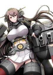  1girl belt black_gloves black_hair breasts commentary_request elbow_gloves gloves gun hair_between_eyes hand_on_own_hip headgear highres kantai_collection kirigakure_(kirigakure_tantei_jimusho) large_breasts long_hair looking_at_viewer miniskirt nagato_(kancolle) nagato_kai_ni_(kancolle) partially_fingerless_gloves red_eyes simple_background skirt solo thigh-highs turret weapon white_background white_skirt 