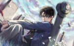  1boy arms_on_knees artist_name bird black_hair black_necktie blue_jacket clouds cloudy_sky collared_shirt cropped_legs day flower formal grass graveyard ground hair_over_eyes hat highres jacket levi_(shingeki_no_kyojin) looking_to_the_side male_focus necktie neri_aot open_mouth outdoors petals rose rose_petals shingeki_no_kyojin shirt short_hair sitting sky solo suit sunlight teeth tombstone twitter_username upper_teeth_only white_bird white_flower white_rose white_shirt 