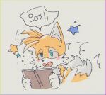  1boy animal_ears animal_nose banri_0917 blue_eyes blush book commentary_request fang fox_boy fox_ears fox_tail furry furry_male gloves grey_background holding holding_book korean_commentary korean_text male_focus multiple_tails open_mouth simple_background solo sonic_(series) speech_bubble star_(symbol) tail tails_(sonic) translation_request two_tails upper_body white_gloves 