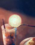  absurdres blurry blurry_background cherry cup dessert drinking_straw food food_focus fruit highres moon no_humans original plate saisho_(qpoujr) spoon table 