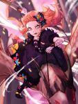  1girl bandaged_arm bandages black_dress black_footwear chirkov-ed dragon dragon_riding dress facial_tattoo fire_emblem fire_emblem_engage flower flying hair_flower hair_ornament highres holding holding_weapon long_hair orange_eyes orange_hair panette_(fire_emblem) tattoo weapon wyvern 