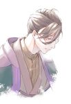  1boy ahoge brown_hair brown_kimono brown_shirt closed_mouth cropped_torso dress_shirt fate/grand_order fate_(series) glasses green_jacket hair_between_eyes hair_pulled_back haori jacket japanese_clothes kimono looking_down male_focus shirt short_hair simple_background smile solo tet_24 violet_eyes white_background yamanami_keisuke_(fate) 