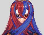  1girl absurdres alear_(female)_(fire_emblem) alear_(fire_emblem) blue_eyes blue_gloves blue_hair blush commentary fire_emblem fire_emblem_engage gloves grey_background hairband hands_in_hair heterochromia highres illust_mi long_hair multicolored_hair pulling_own_hair red_eyes redhead symbol-only_commentary two-tone_hair 