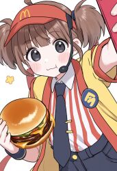  1girl ahoge badge blush brown_hair burger button_badge cellphone collared_shirt commentary double_cheese_(mcdonald's) employee_uniform fast_food_uniform food grey_eyes happi hat headset highres holding holding_burger holding_food japanese_clothes looking_at_viewer mcdonald's necktie note_kaga open_happi phone pinstripe_pattern pinstripe_shirt red_hat selfie shirt shorts smartphone solo striped_clothes striped_shirt tie_clip twintails visor_cap white_background yellow_happi 