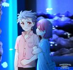  1boy 1girl aquarium artist_name bag black_pants blush bob_cut closed_eyes collared_shirt couple dress fish grey_hair holding_another&#039;s_arm indoors krudears looking_at_another pants pink_hair pink_shirt protagonist_(tokimemo_gs3) red_eyes shirt shitara_seiji short_hair short_sleeves shoulder_bag smile tokimeki_memorial tokimeki_memorial_girl&#039;s_side_3rd_story twitter_username upper_body white_dress 