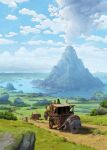  2boys 4girls blue_sky bush clouds daniellieske fantasy grass highres lake landscape mountain multiple_boys multiple_girls original outdoors panorama scenery sky wagon 