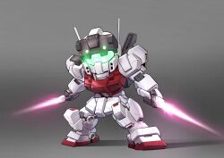  absurdres assault_visor beam_saber chibi chinese_commentary commentary_request dual_wielding full_body gm_iii gm_iii_powered green_visor grey_background gundam highres holding holding_sword holding_weapon legs_apart making-of_available mecha mecha_focus mobile_suit moon_gundam no_humans radio_antenna robot science_fiction sd_gundam shadow solo standing sword weapon zakuma 