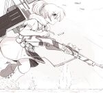  1girl aircraft airplane ammunition_pouch belt belt_pouch bolt_action breasts casing_ejection commentary cross-laced_footwear feet_out_of_frame flight_deck from_side greyscale gun holding holding_gun holding_weapon intrepid_(kancolle) kantai_collection large_breasts m1903_springfield miniskirt monochrome neck_pillow neckerchief ponytail pouch raps_(yohomeboyraps) rifle rigging shell_casing short_hair signature skirt sling solo splashing standing standing_on_liquid under_fire utility_belt water weapon 