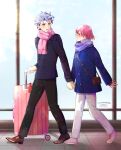  1boy 1girl artist_name bag bangs black_pants blue_coat blue_scarf blush bob_cut brown_footwear closed_eyes coat couple dress_shoes full_body grey_hair hetero highres holding_hands holding_luggage krudears long_sleeves looking_at_another open_mouth pants pink_footwear pink_hair pink_scarf protagonist_(tokimemo_gs3) red_eyes rolling_suitcase scarf shitara_seiji short_hair shoulder_bag smile suitcase tile_floor tiles tokimeki_memorial tokimeki_memorial_girl&#039;s_side_3rd_story twitter_username walking white_pants 