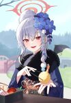 1girl absurdres bangs bat_wings bento blue_archive blue_flower blue_kimono blue_sky blurry blush braid chopsticks commentary day depth_of_field fang floral_print flower food fur-trimmed_kimono fur_trim grey_hair h9_99999 hair_between_eyes hair_bun hair_flower hair_ornament halo haruna_(blue_archive) haruna_(new_year)_(blue_archive) highres holding holding_chopsticks incoming_food japanese_clothes kimono looking_at_viewer official_alternate_costume open_mouth outdoors red_eyes short_hair shrimp shrimp_tempura side_braid sky smile solo symbol-only_commentary tempura tongue upper_body wide_sleeves wings 