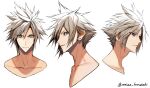  1boy blonde_hair blue_eyes cloud_strife collarbone cropped_shoulders earrings expressions final_fantasy final_fantasy_vii final_fantasy_vii_remake furrowed_brow highres jewelry legacy_zechs looking_at_viewer male_focus multiple_views parted_lips portrait short_hair single_earring solo spiky_hair twitter_username white_background 