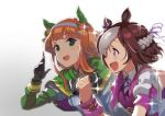  2girls :d andou_shuki animal_ears black_gloves braid brown_hair capelet commentary_request ear_covers french_braid from_side gloves green_eyes hairband half_updo highres horse_ears horse_girl long_hair multicolored_hair multiple_girls open_mouth orange_hair profile running school_uniform short_hair silence_suzuka_(umamusume) simple_background smile sparkle special_week_(umamusume) two-tone_hair umamusume upper_body violet_eyes white_background 