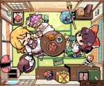  6+girls :3 =_= ^_^ apron black_headwear black_vest blonde_hair blue_sky blush book bow bowl bowl_hat braid broom brown_hair cherry_blossoms chibi child&#039;s_drawing closed_eyes clownpiece commentary crayon detached_sleeves drawing fairy_wings food from_above fruit gohei green_hair green_tea hair_bow hair_tubes hakurei_reimu hat hat_bow hecatia_lapislazuli highres holding holding_crayon indoors jester_cap kirisame_marisa komano_aunn long_hair miracle_mallet moyazou_(kitaguni_moyashi_seizoujo) multiple_girls needle no_mouth ofuda open_mouth persimmon petals purple_hair red_bow red_headwear sharp_teeth shirt short_hair sitting sky sliding_doors strawberry sukuna_shinmyoumaru symbol-only_commentary tatami tea teeth touhou vest white_apron white_bow white_shirt wings witch_hat yin_yang |_| 