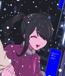  1girl 1other ame-chan_(needy_girl_overdose) arm_hug black_hair closed_eyes coat commentary_request eencya fur-trimmed_coat fur_trim hair_ornament hair_over_one_eye hair_tie hairclip medium_hair needy_girl_overdose night open_mouth outdoors pixel_art sidelocks smile snowing solo_focus twintails winter winter_clothes x_hair_ornament 