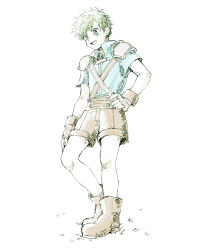  1boy brown_footwear commentary_request fingerless_gloves fire_emblem fire_emblem:_path_of_radiance gloves green_eyes green_hair male_focus nmnm_bbb open_mouth pale_color rolf_(fire_emblem) short_hair shorts solo 