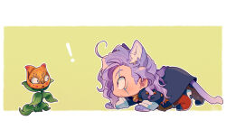  ! 1boy ahoge animal_ears bell black_coat border cat_ears cat_tail chibi chibi_only closed_mouth coat diamond_wa_kudakenai eyelashes full_body jojo_no_kimyou_na_bouken kemonomimi_mode kiri_futoshi long_hair neck_bell otoishi_akira purple_hair red_footwear stand_(jojo) stray_cat_(jojo) tail white_border 