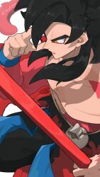 1boy bag bare_pectorals black_hair black_pants blue_wristband dougi dragon_ball dragon_ball_heroes eyeliner floating_hair from_above highres holding holding_staff instant_transmission looking_down makeup male_focus medium_hair monkey_boy monkey_tail muscular muscular_male open_mouth pants pectorals red_eyeliner red_fur ruyi_jingu_bang shirofal028 solo son_goku son_goku_(xeno) spiky_hair staff super_saiyan super_saiyan_4 tail topless_male torn_clothes twitter_username white_background yellow_eyes 