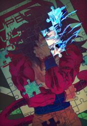  1boy black_hair blue_eyes blue_sash blue_wristband closed_mouth dragon_ball dragon_ball_gt dragon_ball_super dual_persona hand_to_own_mouth jigsaw_puzzle long_hair male_focus monkey_boy monkey_tail muscular muscular_male ommmyoh pants puzzle red_fur revealing_layer saiyan sash son_goku spiky_hair super_saiyan super_saiyan_4 super_saiyan_blue tail twitter_username yellow_eyes yellow_pants 