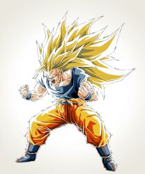  1boy blonde_hair blue_sash blue_shirt blue_wristband dragon_ball dragon_ball_z full_body green_eyes grey_background highres male_focus muscular muscular_male n_(n14542698) no_eyebrows orange_pants pants powering_up sash shirt short_sleeves simple_background solo son_goku spiky_hair super_saiyan super_saiyan_3 torn_clothes torn_shirt 