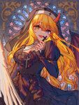  1girl black_dress blonde_hair breasts catholic cross cross_print crucifix dress frilled_dress frills heterochromia highres holding holding_cross horns i_became_a_god_in_a_horror_game large_breasts leiluoreo long_hair long_sleeves looking_at_viewer nun open_mouth phoebe_(i_became_a_god_in_a_horror_game) single_horn smile solo violet_eyes wavy_hair 