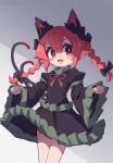 1girl :d absurdres animal_ears black_bow blush bow bowtie braid cat_ears cat_tail extra_ears fang highres kaenbyou_rin looking_at_viewer mr.turtle_head multiple_tails no_nose one-hour_drawing_challenge open_mouth pointy_ears puffy_sleeves red_bow red_bowtie red_eyes redhead shadow slit_pupils smile solo tail touhou twin_braids twintails two_tails