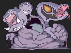  absurdres arbok black_background black_eyes fangs forked_tongue highres muk no_humans open_mouth pokemon pokemon_(creature) simple_background slime_(creature) snake tea_zatter tongue tongue_out weezing 