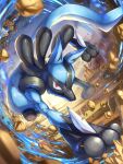  absurdres blurry blurry_foreground clouds commentary_request desert full_body highres looking_at_viewer lucario outdoors pokemon pokemon_(creature) red_eyes ririri_(user_rkrv7838) rock sky solo 