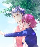  1boy 1girl artist_name bangs blue_jacket blush bob_cut breasts collared_shirt grey_hair hair_between_eyes holding_another&#039;s_arm jacket krudears light_smile long_sleeves looking_at_another medium_breasts open_mouth outdoors pink_hair pink_sweater_vest pointing protagonist_(tokimemo_gs3) red_eyes shirt shitara_seiji short_hair smile sweater_vest tokimeki_memorial tokimeki_memorial_girl&#039;s_side_3rd_story tree twitter_username upper_body violet_eyes white_shirt 