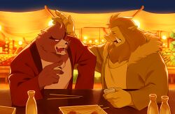  1boy alcohol animal_ears bakemono_no_ko bear_boy bear_ears beard blonde_hair blush boar_boy boar_ears bottle chopsticks closed_eyes coat colored_skin commentary_request cup drunk facial_hair fur-trimmed_coat fur_trim furry furry_male happi holding holding_cup iozen_(bakemono_no_ko) japanese_clothes kumatetsu looking_at_another male_focus one_eye_closed open_happi pig_nose red_fur red_happi sakazuki sake sake_bottle tusks yellow_skin yow 