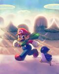  1boy blue_eyes blue_overalls boots brown_footwear brown_hair co_co_mg facial_hair gloves hat highres mario mustache outdoors overalls penguin_(mario) red_headwear red_shirt scarf shirt short_hair snow super_mario_bros. tree white_gloves 